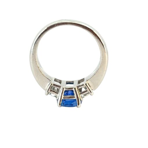 Platinum 3 Stone Ring set with Natural Cushion Blue Sapphire and Emerald Cut Diamond Side Stones - Image 2