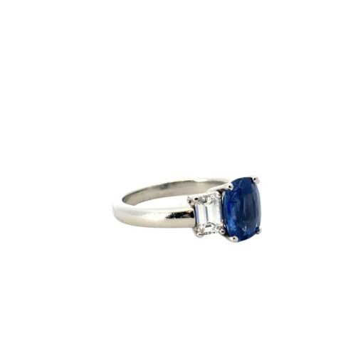 Platinum 3 Stone Ring set with Natural Cushion Blue Sapphire and Emerald Cut Diamond Side Stones - Image 11