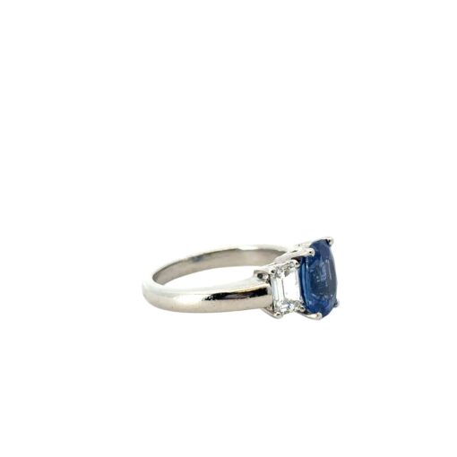 Platinum 3 Stone Ring set with Natural Cushion Blue Sapphire and Emerald Cut Diamond Side Stones - Image 12
