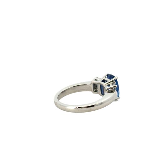 Platinum 3 Stone Ring set with Natural Cushion Blue Sapphire and Emerald Cut Diamond Side Stones - Image 14