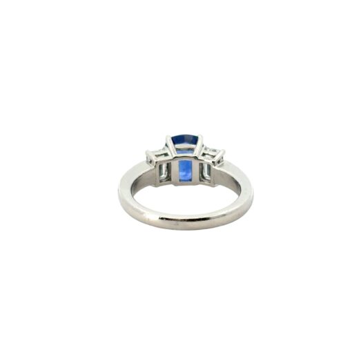 Platinum 3 Stone Ring set with Natural Cushion Blue Sapphire and Emerald Cut Diamond Side Stones - Image 16