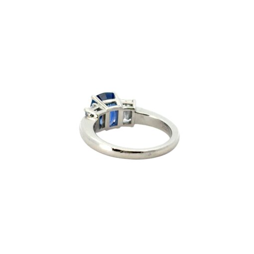 Platinum 3 Stone Ring set with Natural Cushion Blue Sapphire and Emerald Cut Diamond Side Stones - Image 17