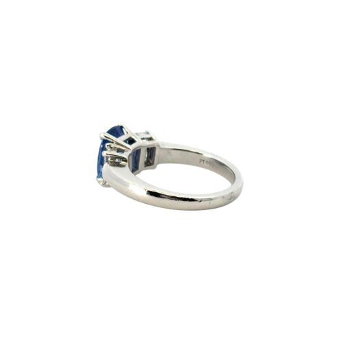 Platinum 3 Stone Ring set with Natural Cushion Blue Sapphire and Emerald Cut Diamond Side Stones - Image 18