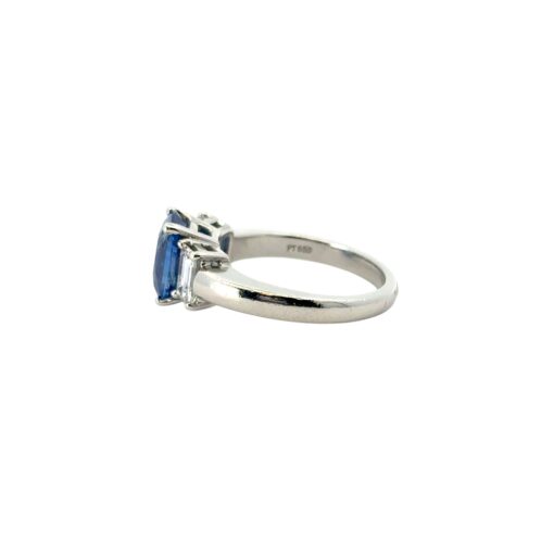 Platinum 3 Stone Ring set with Natural Cushion Blue Sapphire and Emerald Cut Diamond Side Stones - Image 19