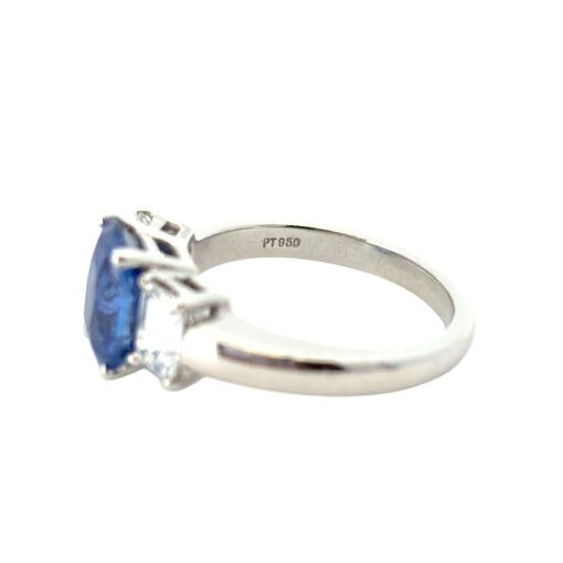 Platinum 3 Stone Ring set with Natural Cushion Blue Sapphire and Emerald Cut Diamond Side Stones - Image 20