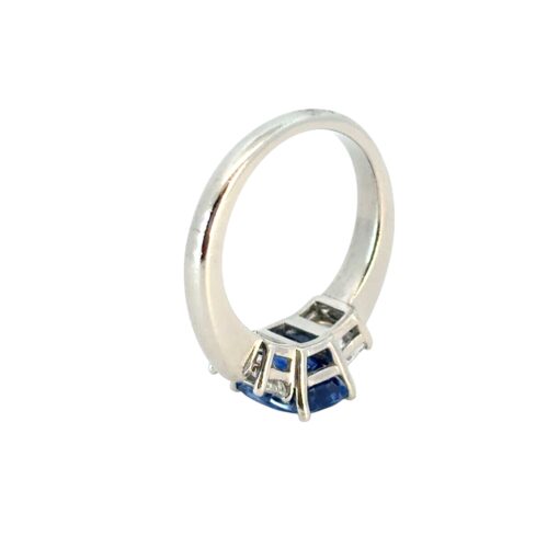 Platinum 3 Stone Ring set with Natural Cushion Blue Sapphire and Emerald Cut Diamond Side Stones - Image 3