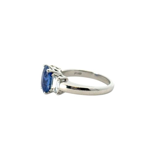 Platinum 3 Stone Ring set with Natural Cushion Blue Sapphire and Emerald Cut Diamond Side Stones - Image 21