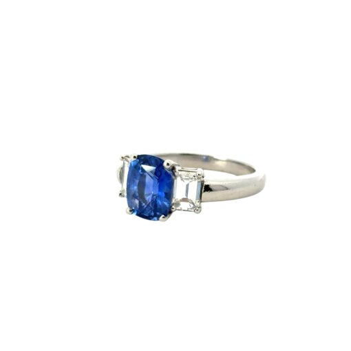 Platinum 3 Stone Ring set with Natural Cushion Blue Sapphire and Emerald Cut Diamond Side Stones - Image 23