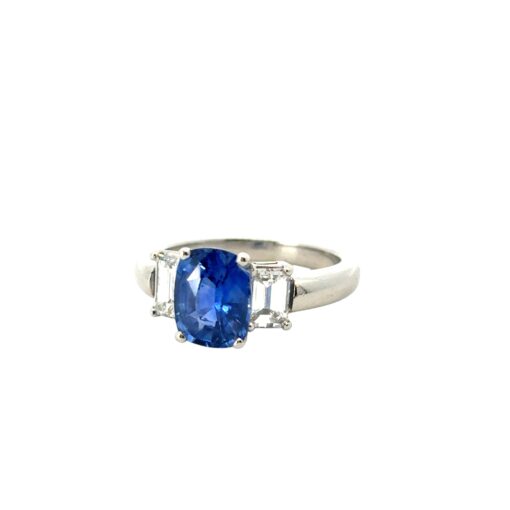 Platinum 3 Stone Ring set with Natural Cushion Blue Sapphire and Emerald Cut Diamond Side Stones - Image 24