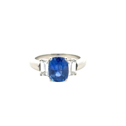 Platinum 3 Stone Ring set with Natural Cushion Blue Sapphire and Emerald Cut Diamond Side Stones - Image 25