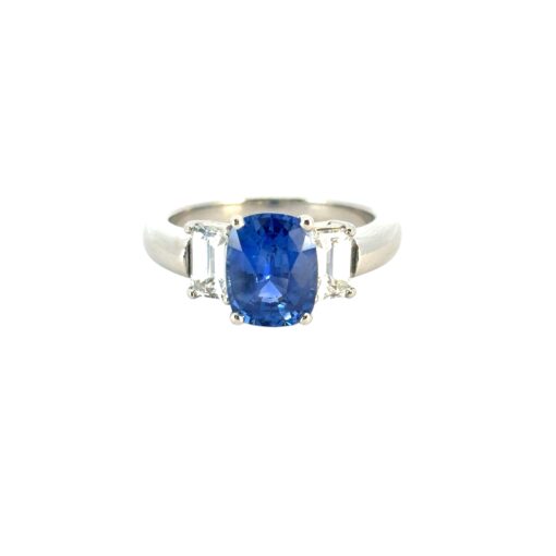 Platinum 3 Stone Ring set with Natural Cushion Blue Sapphire and Emerald Cut Diamond Side Stones - Image 26