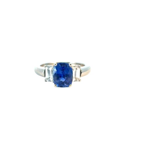 Platinum 3 Stone Ring set with Natural Cushion Blue Sapphire and Emerald Cut Diamond Side Stones - Image 27