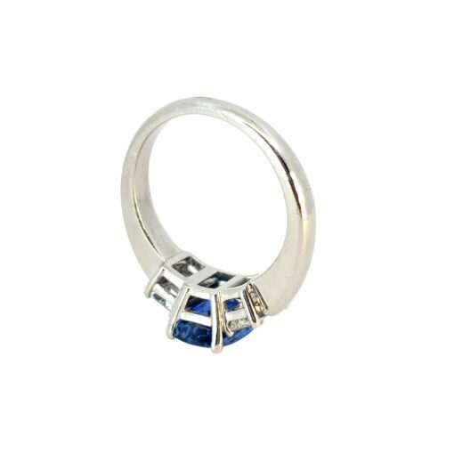 Platinum 3 Stone Ring set with Natural Cushion Blue Sapphire and Emerald Cut Diamond Side Stones - Image 4