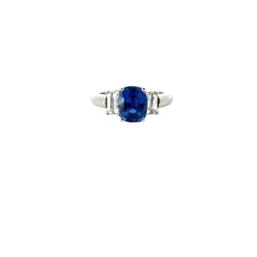 Platinum 3 Stone Ring set with Natural Cushion Blue Sapphire and Emerald Cut Diamond Side Stones - Image 7