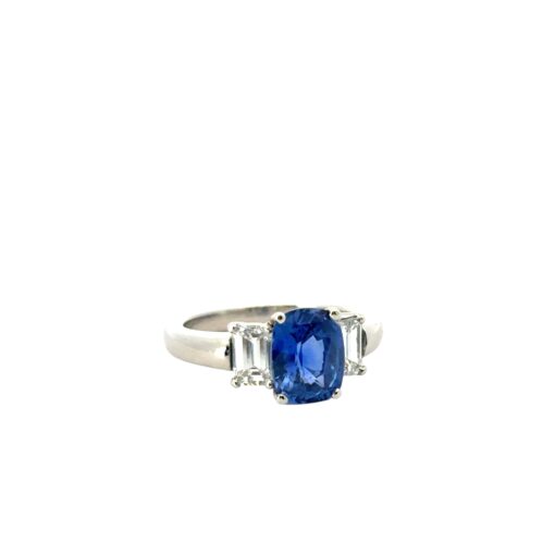 Platinum 3 Stone Ring set with Natural Cushion Blue Sapphire and Emerald Cut Diamond Side Stones - Image 9