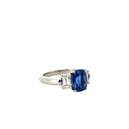 Platinum 3 Stone Ring set with Natural Cushion Blue Sapphire and Emerald Cut Diamond Side Stones - Image 10
