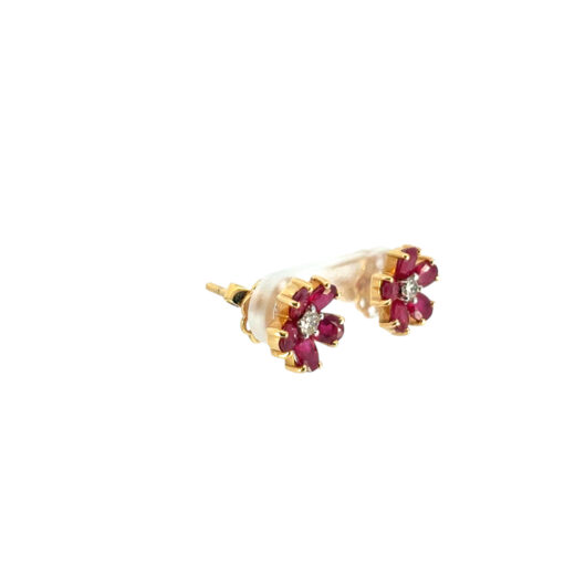 14k Yellow Gold Ruby and Diamond Flower Earrings - Image 9