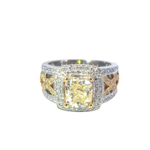 18k White and Yellow Gold 3.02ct Fancy Light Yellow Cushion Cut Diamond Engagement Ring - Image 14