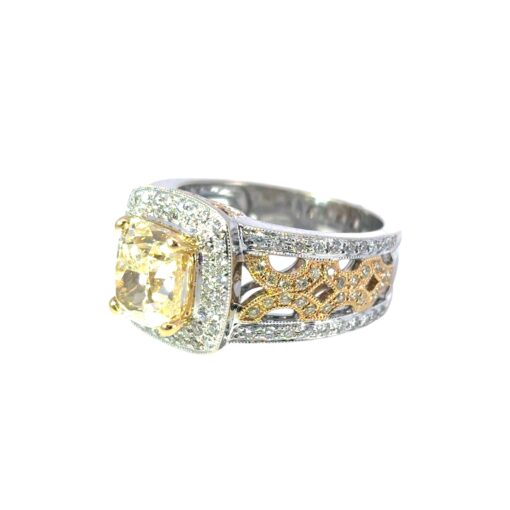18k White and Yellow Gold 3.02ct Fancy Light Yellow Cushion Cut Diamond Engagement Ring - Image 8