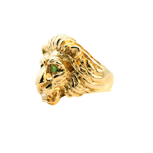 14k Yellow Gold Lions Head Ring with Emerald Eyes and One Round Diamond in Mouth - Image 14