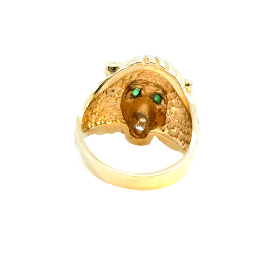 14k Yellow Gold Lions Head Ring with Emerald Eyes and One Round Diamond in Mouth - Image 4