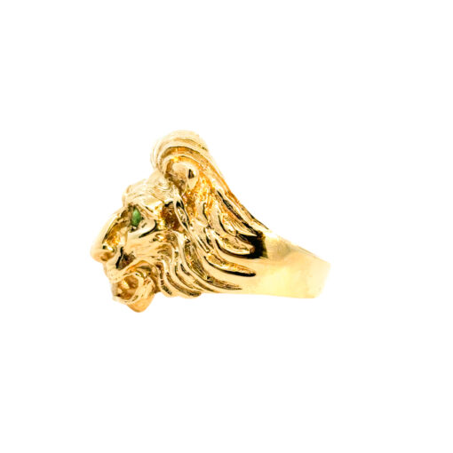 14k Yellow Gold Lions Head Ring with Emerald Eyes and One Round Diamond in Mouth - Image 5