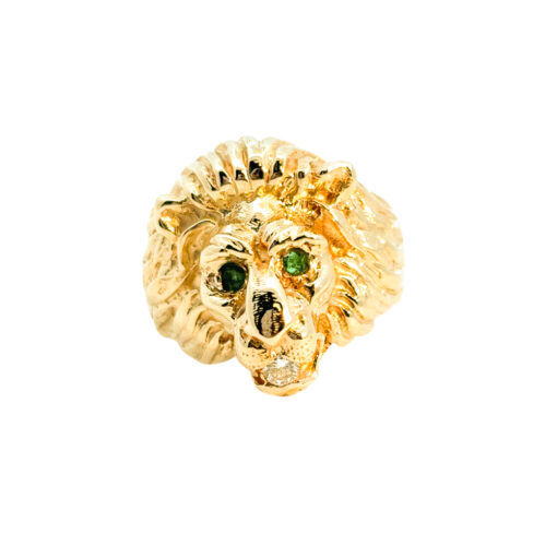 14k Yellow Gold Lions Head Ring with Emerald Eyes and One Round Diamond in Mouth - Image 6