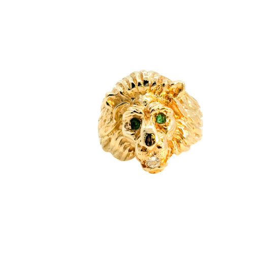 14k Yellow Gold Lions Head Ring with Emerald Eyes and One Round Diamond in Mouth - Image 7
