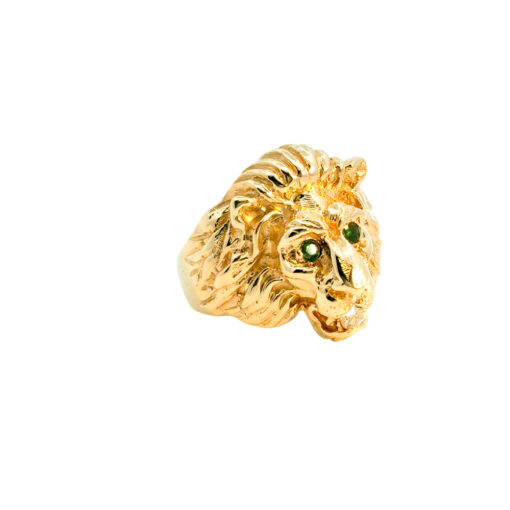 14k Yellow Gold Lions Head Ring with Emerald Eyes and One Round Diamond in Mouth - Image 8