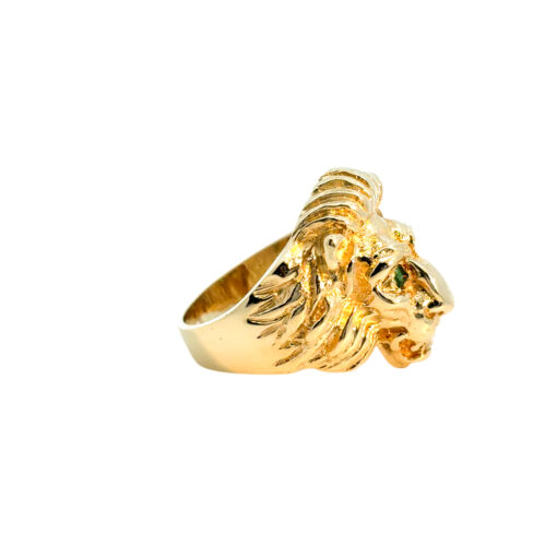 14k Yellow Gold Lions Head Ring with Emerald Eyes and One Round Diamond in Mouth - Image 9