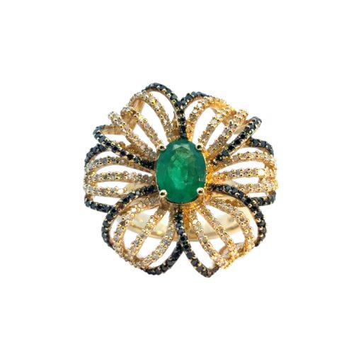 14k Yellow Gold Oval Emerald and Black and White Diamond Flower Ring - Image 16