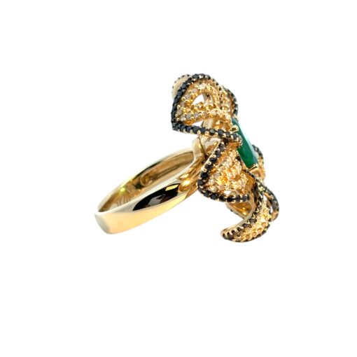 14k Yellow Gold Oval Emerald and Black and White Diamond Flower Ring - Image 11