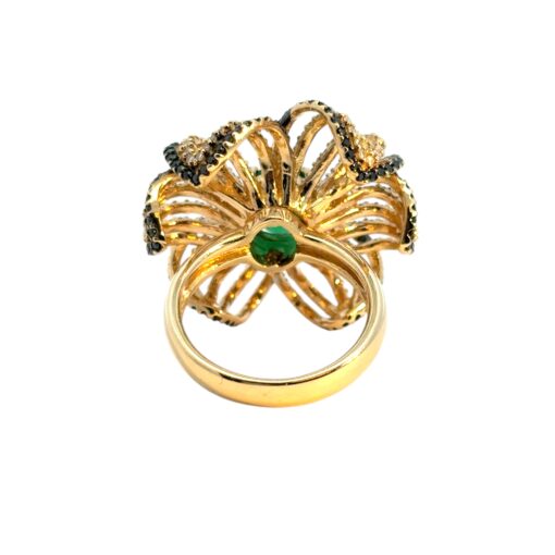 14k Yellow Gold Oval Emerald and Black and White Diamond Flower Ring - Image 12