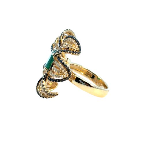 14k Yellow Gold Oval Emerald and Black and White Diamond Flower Ring - Image 13