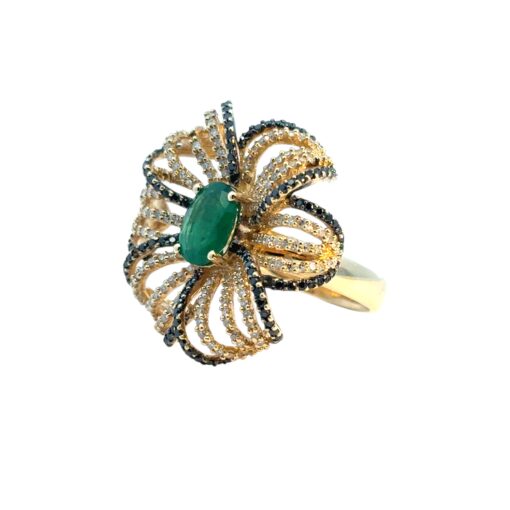 14k Yellow Gold Oval Emerald and Black and White Diamond Flower Ring - Image 14