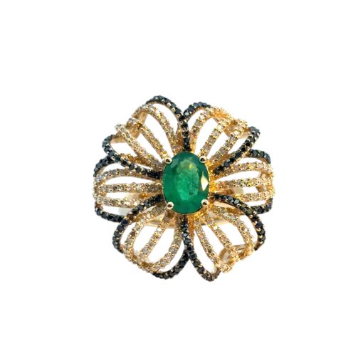 14k Yellow Gold Oval Emerald and Black and White Diamond Flower Ring - Image 15