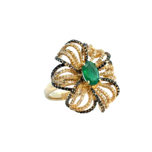 14k Yellow Gold Oval Emerald and Black and White Diamond Flower Ring - Image 4