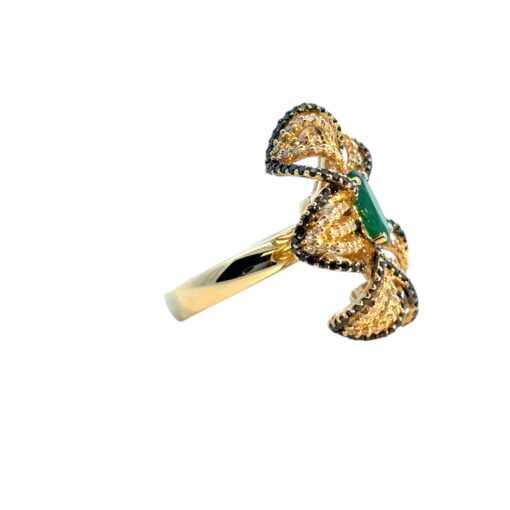 14k Yellow Gold Oval Emerald and Black and White Diamond Flower Ring - Image 5