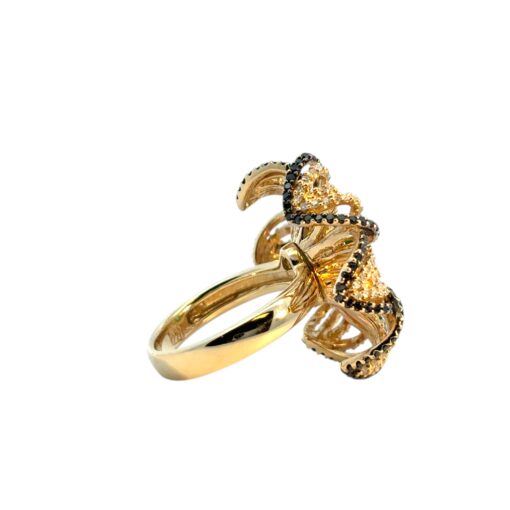 14k Yellow Gold Oval Emerald and Black and White Diamond Flower Ring - Image 6