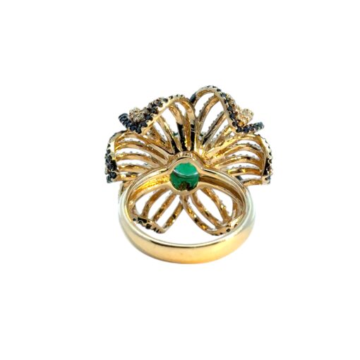 14k Yellow Gold Oval Emerald and Black and White Diamond Flower Ring - Image 7