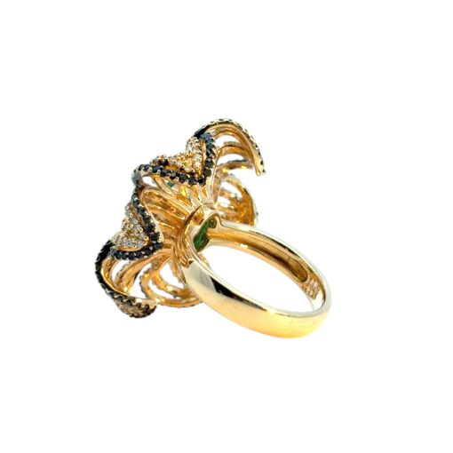 14k Yellow Gold Oval Emerald and Black and White Diamond Flower Ring - Image 8