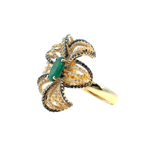 14k Yellow Gold Oval Emerald and Black and White Diamond Flower Ring - Image 9