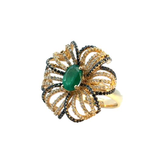 14k Yellow Gold Oval Emerald and Black and White Diamond Flower Ring - Image 10