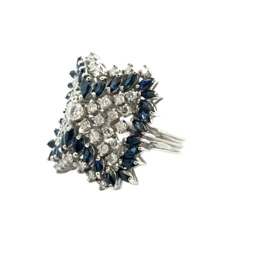 14k White Gold Natural Diamond and Blue Sapphire Cocktail Ring - Image 3