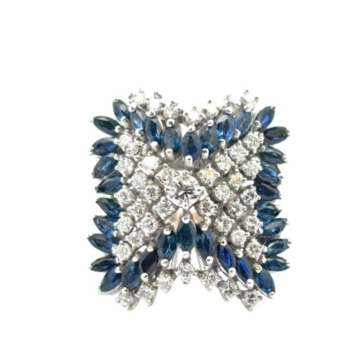14k White Gold Natural Diamond and Blue Sapphire Cocktail Ring - Image 12