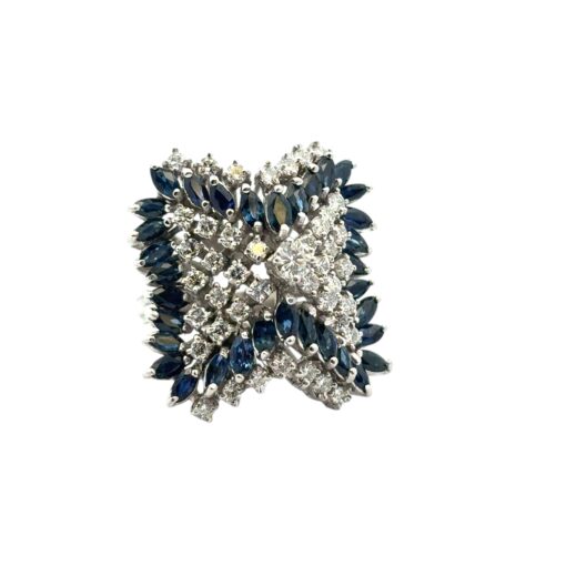 14k White Gold Natural Diamond and Blue Sapphire Cocktail Ring - Image 16