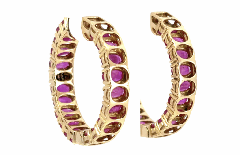 14K Yellow Gold Ruby and Diamond Hoop Earrings