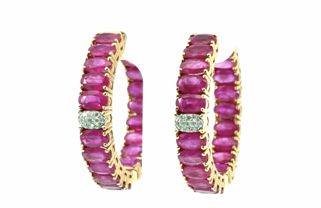 14K Yellow Gold Ruby and Diamond Hoop Earrings
