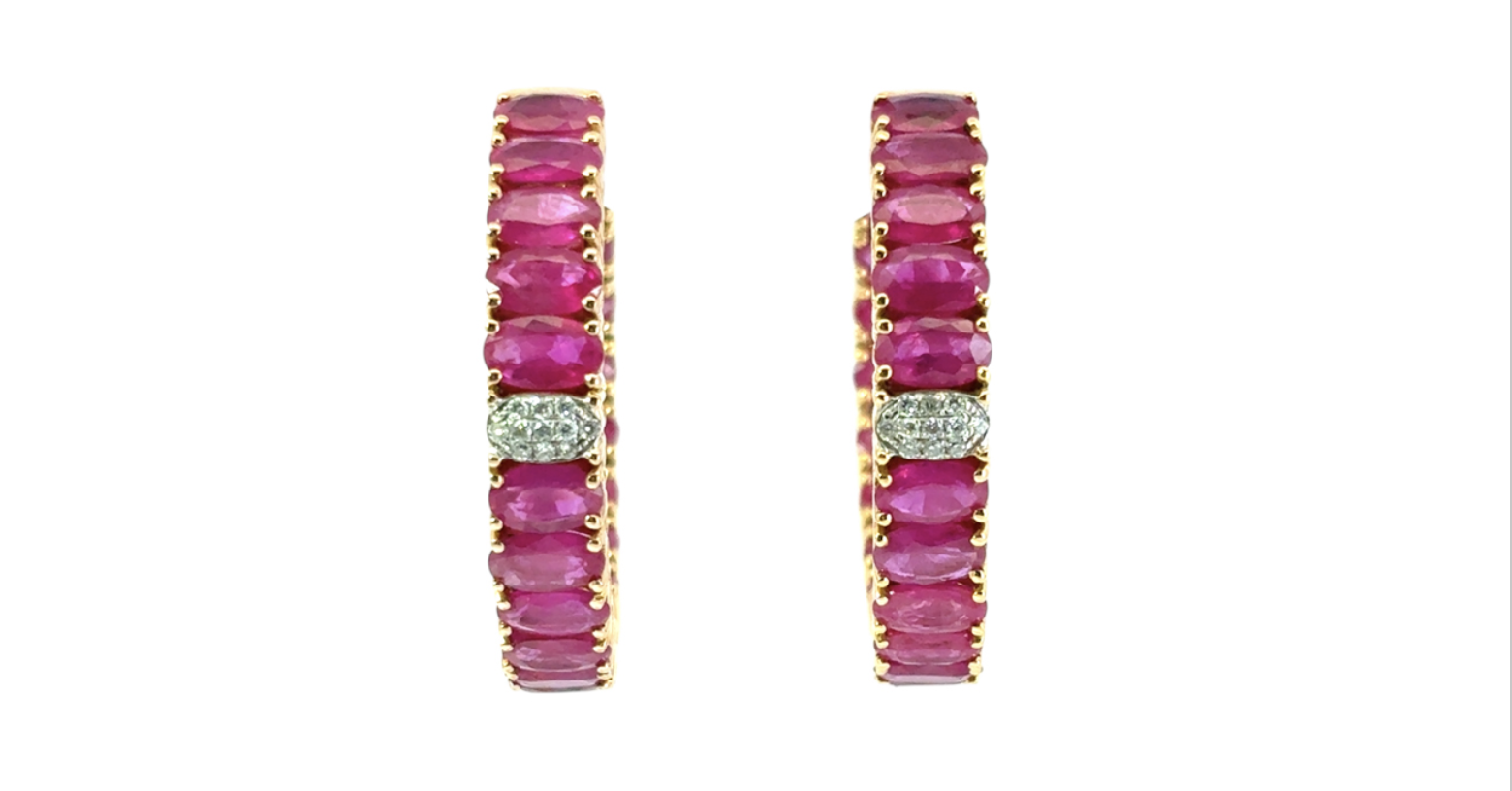 14K Yellow Gold Ruby and Diamond Hoop Earrings