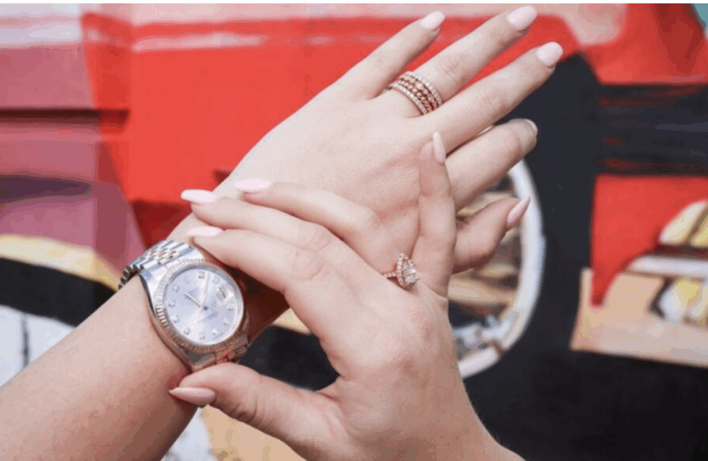 Lady‑Datejust women’s watch on wrist with brushed and polished Jubilee bracelet, silver dial with diamond hour markers and signature fluted bezel — a timeless entry‑level luxury watch perfect for bridal and engagement style.